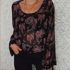 AEO sheer paisley top with lace trim sleeves